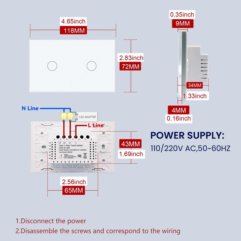 LOUYSGEN 1000W Touch Light Switch, Single-Gang 2-Button, No Neutral Wire