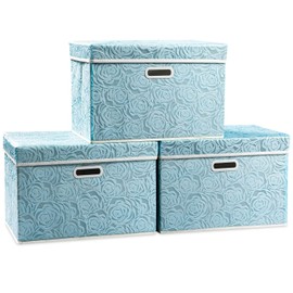 PRANDOM Larger Collapsible Storage Cubes with Lids Fabric Decorative Storage Bins Boxes Organizer Containers Baskets with Cover Handles for Bedroom Closet Living Room Blue 17.7x11.8x11.8 Inch 3 Pack