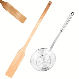 Extra Long 24 Inch Wooden Paddle + 16 Inch Stainless Steel Strainer Skimmer - Large Beechwood Stirring Paddle for Cooking, Mixing, Home Brewing Stock Pots – Big Kitchen Utensils - Cajun Crawfish Boil