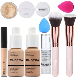 Phoera Foundation, Phoera Primer, Phoera Powder, Concealer Cover, Liquid Matt, Full Coverage, Make Up Foundation Brush and Powder Brush, Make Up Sponge (Buff Beige #104 + Sand #105)
