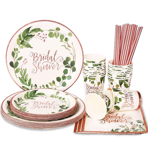 LOOWVY Bridal Shower Decorations Rose Gold and Green Wedding Shower Paper Plates and Napkins Sets for Engagement Wedding Celebrate the Bride-to-be Goods Bridal Shower Dinnerware,Serves 24 Guests