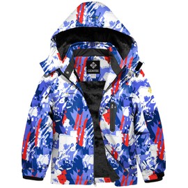 GEMYSE Boy's Waterproof Ski Snow Jacket Hooded Fleece Lined Windproof Winter Jacket (Blue & White Printing,8)