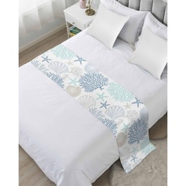 RisQiten Blue Aqua Grey Coastal Bed Runners for Cal King Size Bed, Summer Beach Decorative Bed Runner Scarve, Nautical Coral Shell Starfish Bed Throws for Foot of Bed, Bedding Slipcover for Bedroom