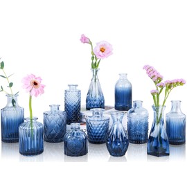 UPBUD Glass Bud Vases Set of 12, Mini Flower Vases for Centerpieces, Small Clear Vases in Bulk for Wedding Decorations, Vintage Vases for Table, Recepetion, Home Décor (Blue)