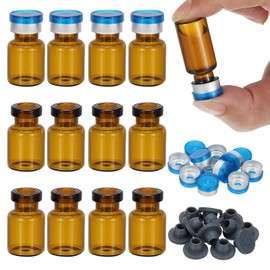 PATIKIL 12pcs 2ml Amber Borosilicate Glass Sample Vials with Aluminum Plastic Cap and Rubber Stopper for Lab Solid Liquid Powder Storage, Dark Silver Tone