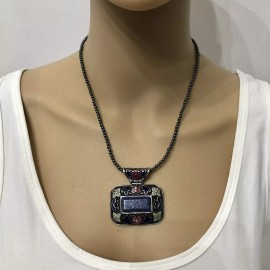 Unbranded Hematite Necklace Lapis Lazuli Enameled Pendant Beads 18” 60.25 Ctw Gift