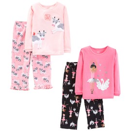 Simple Joys by Carter's Girls' 4-Piece Pajama Set (Cotton Top & Fleece Bottom), Black Ballerina/Light Pink/Pink Cow/Swans, 3T