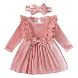 Baby Dress Girls Long Sleeve Lace A Line Princess Velvet Dress + Headband Wedding Festive Autumn Winter Clothing, pink