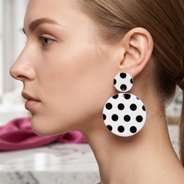 ZDPIQ Polka Dot Dangle Earrings for Women Lightweight Acrylic Drop Earrings Stainless Steel Post Vintage Geometric Statement Earrings Fashion Jewelry Gift for Halloween Birthday (White with Black)