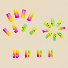 Colorful Butterfly Press on Nails Medium Ballet Shaped Flower False Nails Colorful Gradirent Acrylic Nails Full Cover Butterfly Stick on Nails Glossy Glue on Nails Artificial Nails for Women 24Pcs