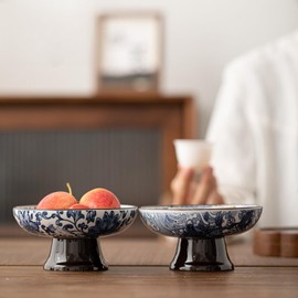HannaFires Vintage Blue and White Porcelain Tea Pastry Tray - Footed Fruit Platter, Asian Style Small Plates, Snack Dessert Nut Bowls, Ceramic Serving Tray, Japanese and Asia Phoenix Design