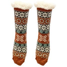 Yu Feng Womens Thick Knit Sherpa Fleece Slipper Socks Dark Brown Base Snowflakes 9-11