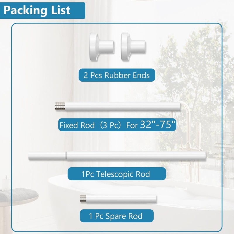Bonpally Shower Curtain Rod 32-75 Inches Adjustable, Non-Slip Spring Tension