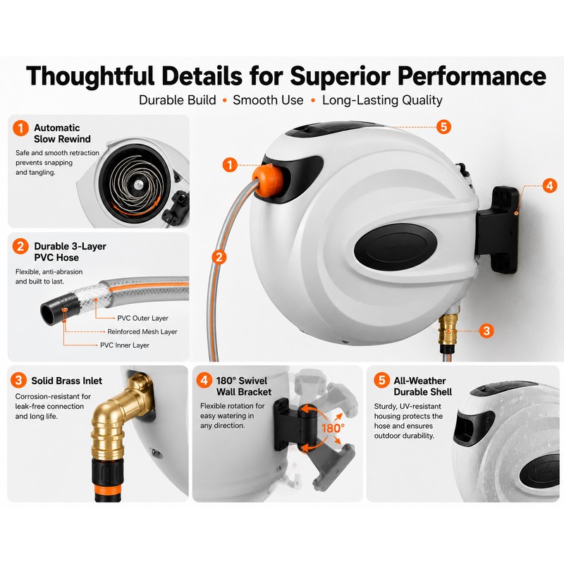 SucceBuy Retractable Garden Hose Reel 180° Swivel Bracket Wall-Mounted with