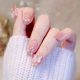 SEMTIM Nail Tips, 24 Pieces, Medium, Short, Round False Nails, Short Nail Tip, Medium Long, Popular, Japanese Style, Cute, Simple, Stylish, Adult Ceremonies, School Entrance Ceremonies, Graduation