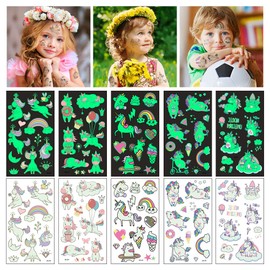 Aomig Children's Tattoos Set, 10 Sheets Temporary Tattoos, Glow in the Dark Tattoo for Girls Boys Skin-Friendly Temporary Children's Tattoos, Unicorn Temporary Tattoos Stickers for Child Birthday