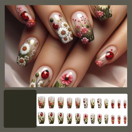 FNKFNK Flower Press on Nails Medium Coffin Fake Nails with Flower Sea Designs Spring Daisy Ladybug False Nails Glossy Blossom Full Cover Glue on Nails Reusable Stick on Nails for Women 24Pcs