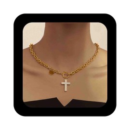 Enautoabs Mother Of Pearl Cross Pendant Necklace Chunky Thick Toggle T Bar Chain Necklaces Faith Cross Choker Necklace Gold Disc Coin Drop Necklaces Jewelry for Women