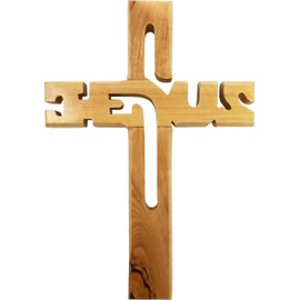 Logos Trading Post Holy Land Olive Wood Jesus Cut Out Hanging Wall Cross from Israel, Large, Hand Carved Olive Wood from Jerusalem, 8"