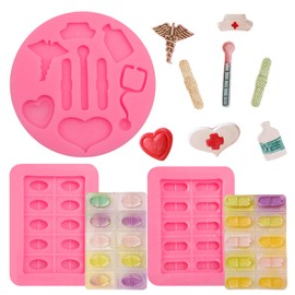 Pill Molds for Making Pills 3 Pcs, Medical Tablets Capsule Pill Fondant Molds Nurse Hat Stethoscope Pill Bottle Bandage Thermometer Medical Silicone Chocolate Candy Mold