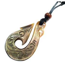 Swimmi Hand Carved Mother of Pearl Shell Tribal Maori Fish Hook 16 to 32 inch Adjustable Cord Necklace FA021-L