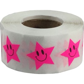 Fluorescent Pink Happy Face Star Shape Stickers 0.75 Inch 500 Adhesive Labels