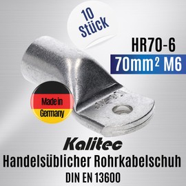 Kalitec HR70-6 Standard Tube Cable Lugs 70 mm² M6 I Without Viewing Hole I Made in Germany Pack of 10
