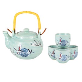Japanese Crane Porcelain Tea Set 20 fl oz Teapot with 4 Cups Sky Blue Color Tea Gift Set