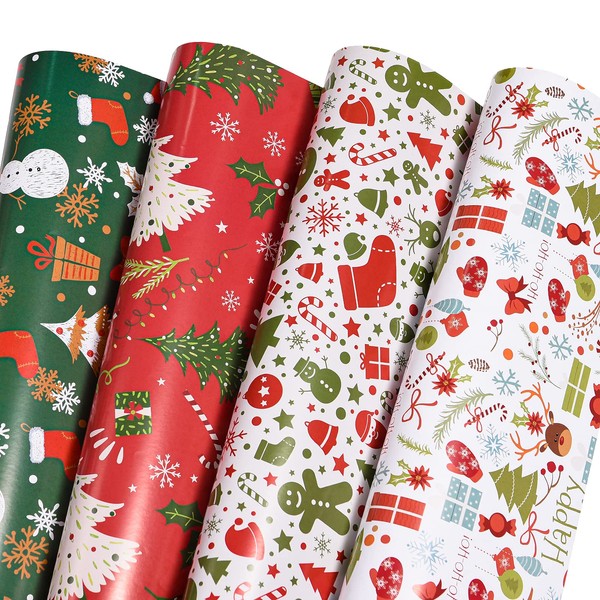 PlandRichW Christmas Wrapping Paper Folded for Kids Boys Girls Man Women Gift's. Papercraft Snowmen, Candy Canes, Tree, Socks, Snowflakes, Happy New Year Bulk of 12 Sheets 20"x 29" Folded