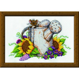 Design Works Crafts Watering Can Mouse, 5 x 7 Counted Cross Stitch Kit, 5" by 7", Multi-Colour