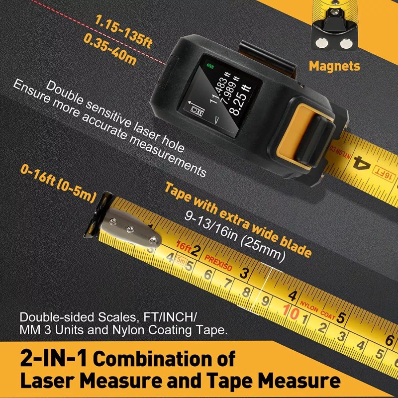 PREXISO 2-in-1 Laser Tape Measure, 135Ft Rechargeable Laser Measurement Tool