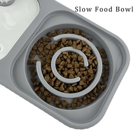 Cdycam Cat Dog Food and Water Bowl Set, Double Food Bowls with Automatic Gravity Water Bottle, Raised Slow Feeder, Detachable Stainless Steel Bowl, 15°Tilt Elevated No Spill Dispenser (Gray+White)