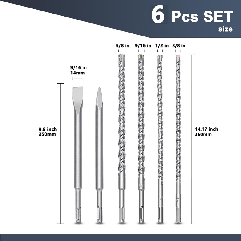 6 Pcs 3/8 to 5/8 inch (10-16mm) SDS Plus Rotary