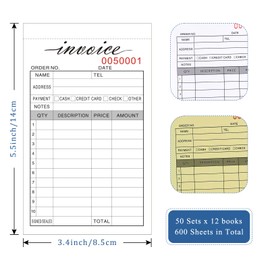 12 Pack Invoice Receipt Book, 3.4x5.5" Handheld 2-Part Carbonless Sales Invoice Book, Invoice Pad with Cardboard for Small Boutique Business, (50 Sets)