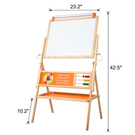 OMOTIYA 3-in-1 Wooden Easel for Kids, Toddle Double-Sided Easel with Magnetic Whiteboard and Painting Blackboard, 360° Rotatable, Paper-roll Holder, Storage Tray, and Stickers Included