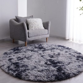 FJZFING Tie-Dyed Dark Grey Round Rug Ultra-Soft Plush Modern 4x4 Circle Area Rug for Kid's Bedroom, Fluffy Shag Circular Rug for Nursery Room, Non-Slip Tie-Dyed Dark Grey Rug for Teen's Room