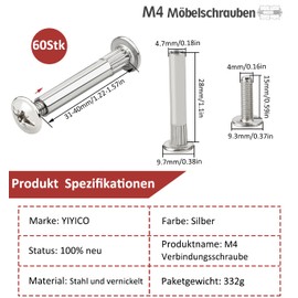 Furniture Connection Screws Cabinet Connector Screws 60 Pieces M4 x 31-40 mm Furniture Screws Nickel-Plated Steel Sleeve Screws