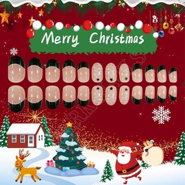 Press on Nails Christmas Nails Stick on Nails Christmas Tree Acrylic Fake Nails Holiday Nails 24 Pcs Short Square French Green Pattern False Nails Gel Glue on Nails for Women Girls