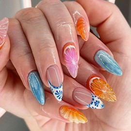ANDGING Almond Press on Nails Short Medium Orange Blue Glue on Nails with Leaf Fruit Designs Fake Nails for Women Wedding Acrylic Full Cover False Nails Manicure Fantasy Stick on Nails