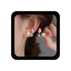 Vacaonio Boho Tulip Earrings Tulip Flower Pearl Earrings Pink Tulip Stud Earrings Pearl Flower Ear Jacket Earrings Flower Ear Climber Earrings Enamel Tulip Charm Earrings Jewelry for Women