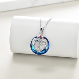 YFN Nurse Necklace for Women 925 Sterling Silver with Blue Crystal Caduceus Angel Nursing Themed Pendant Necklace 18"