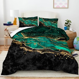 Queen Comforter Set Emerald Green, Marble Bedding Comforter Set, Metallic Foil Print Black Gold Bedding Dark Green Abstract Modern Comforter Set