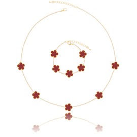 Qinpan Four Leaf Clover Necklace and Bracelet Set for Women Lucky Flower 14K Gold Jewelry, Yellow Gold, Chalcedony