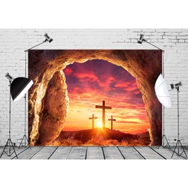 CORFOTO 5x4ft Fabric Sunrise Mountain Three Crosses Jesus Christ Backdrop Empty Tomb Easter Resurrection Cross Religion Holy Background for Church Event Party Supplies Easter Christmas Photo Props