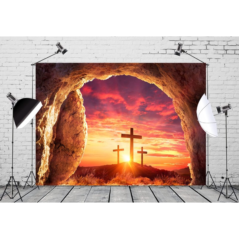 CORFOTO 5x4ft Fabric Sunrise Mountain Three Crosses Jesus Christ Backdrop