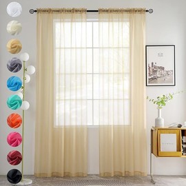 Youleyar Set of 2 Sheer Transparent Voile Curtains Polyester Rod Pocket Window Transparent Curtains Living Room Decoration for Bedroom W140 x H260 cm Beige