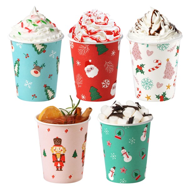 Fit Meal Prep 100 Pack 8 oz Christmas Disposable Coffee Cups, Durable Thickened Christmas Paper Cups for Hot Beverage Chocolate Tea Cocoa, Xmas Party Cups for Kids, Adult, Party, Holiday