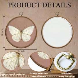 Vintage White Butterfly Pink Round Frames for Art, Waterproof Neutral Moody Butterfly Boho Wall Hanging, Western Retro Insert Hanging Decorations with Hook, for Home Bathroom Living Room Bedroom, 04