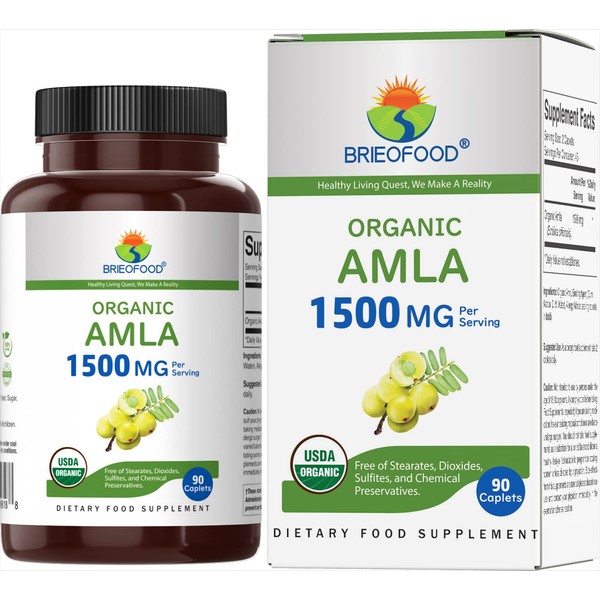 Brieofood Organic Amla 1500mg, 45 Servings, Vegetarian, Gluten Free, 90 Vegetarian Tablets