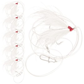 5 Pack - Fluke & Flounder White BUCKTAIL Teaser Hooks - Ocean Hi-Lo Rig – Designed for for Saltwater – Size 5/0 Hook - 40lb Heavy Duty Mono 3ft Long -Black Duo-Lock Snaps-Hand Tied